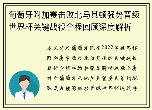 葡萄牙附加赛击败北马其顿强势晋级世界杯关键战役全程回顾深度解析